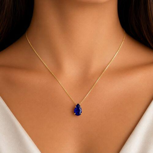 Colar Gota Zircônia Azul Safira Banhado a Ouro