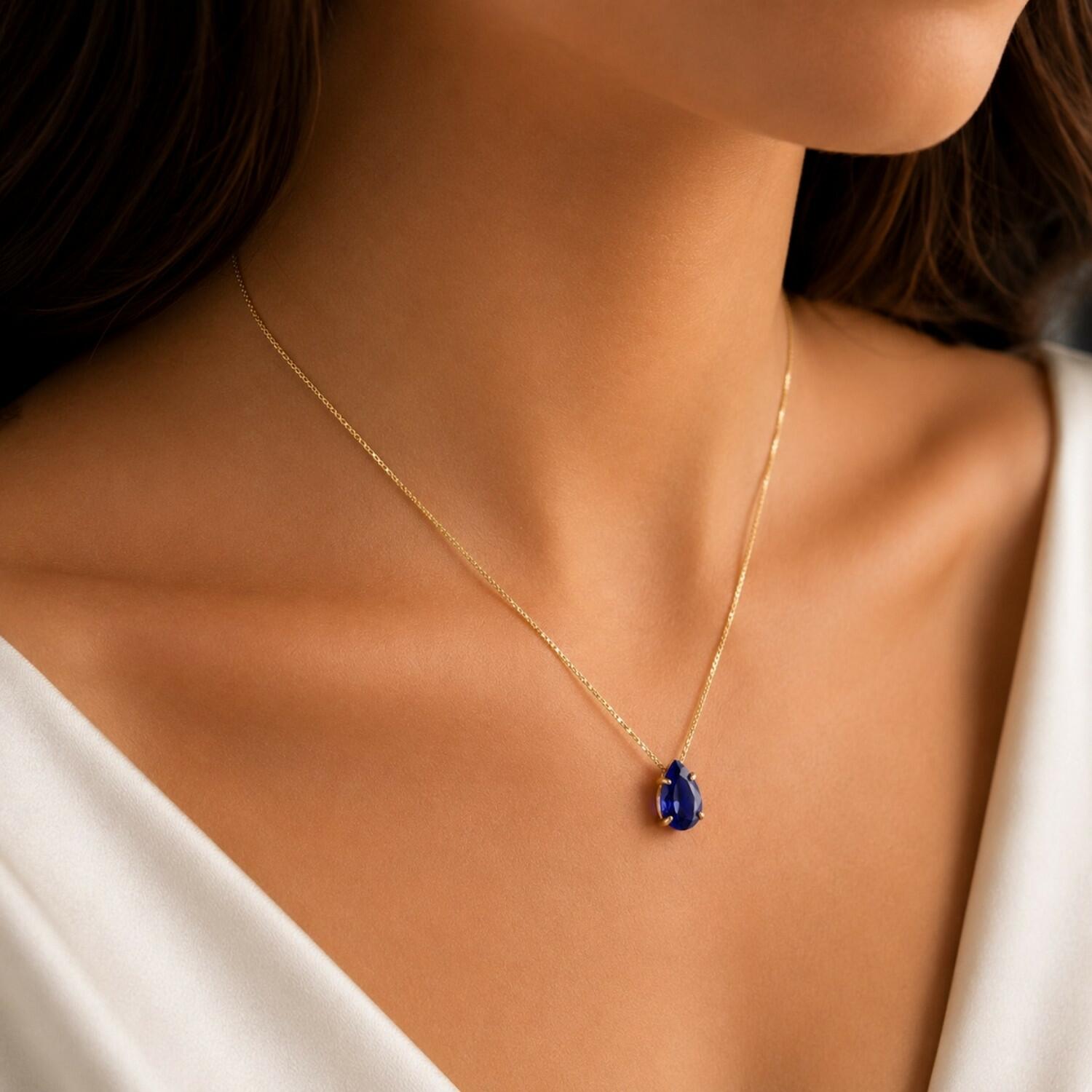 Colar Gota Zircônia Azul Safira Banhado a Ouro