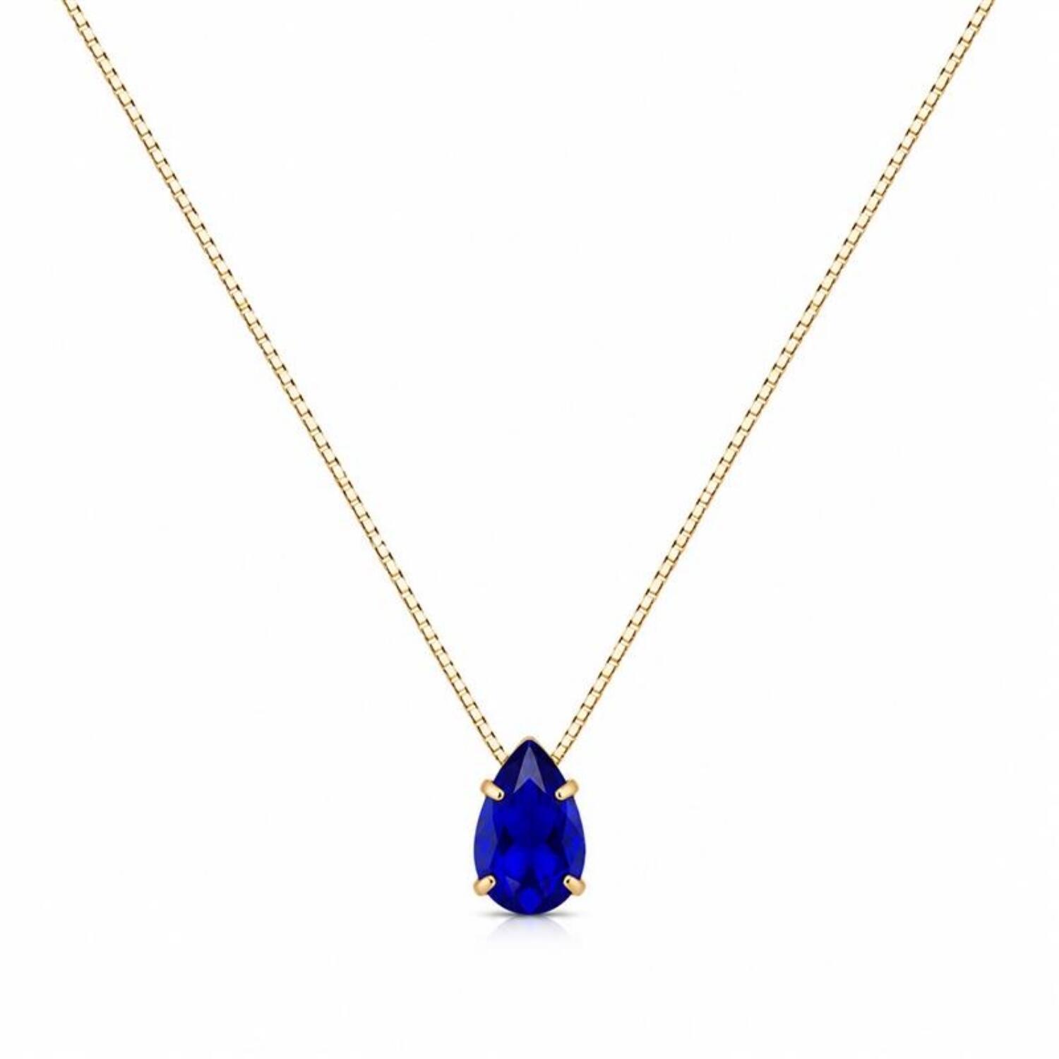 Colar Gota Zircônia Azul Safira Banhado a Ouro