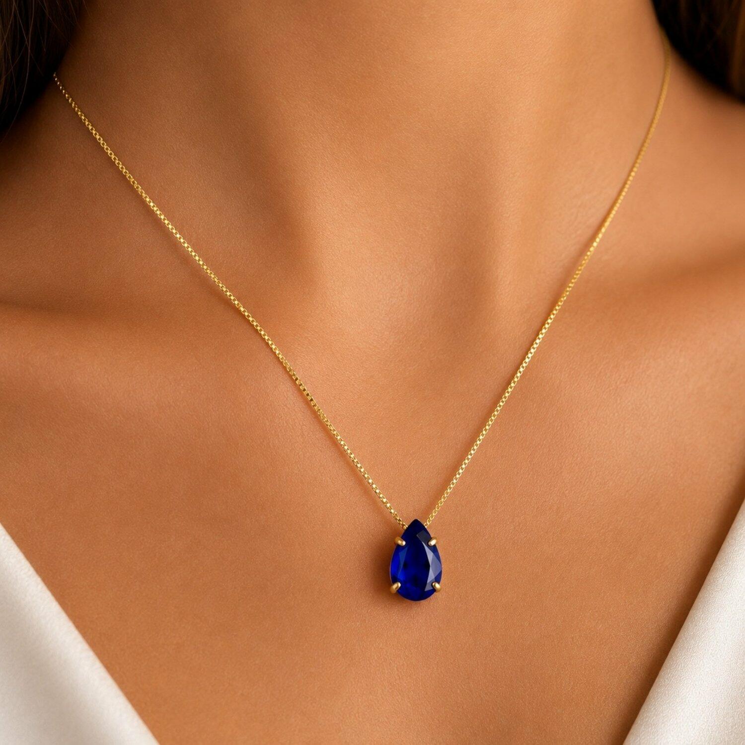 Colar Gota Zircônia Azul Safira Banhado a Ouro
