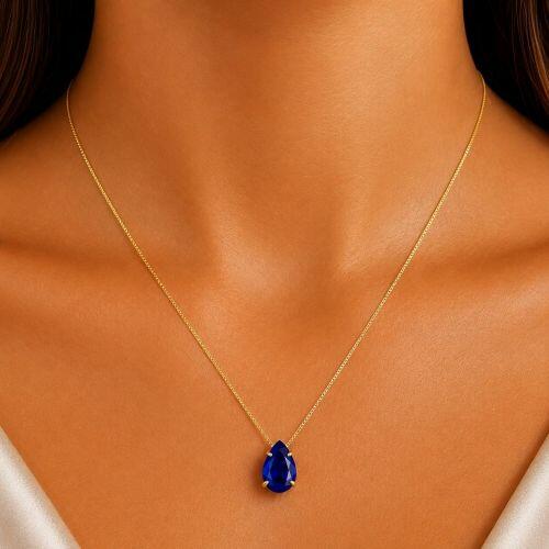 Colar Gota Zirc�nia Azul Safira Banhado a Ouro
