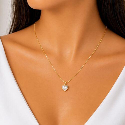 Colar Cora��o Zirc�nia Cristal Banhado a Ouro