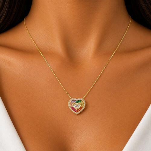 Colar Cora��o Zirc�nia Baguette Colorida Banhado a Ouro
