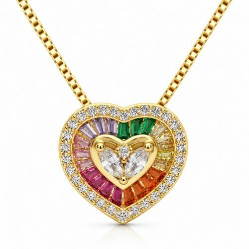 Colar Cora��o Zirc�nia Baguette Colorida Banhado a Ouro