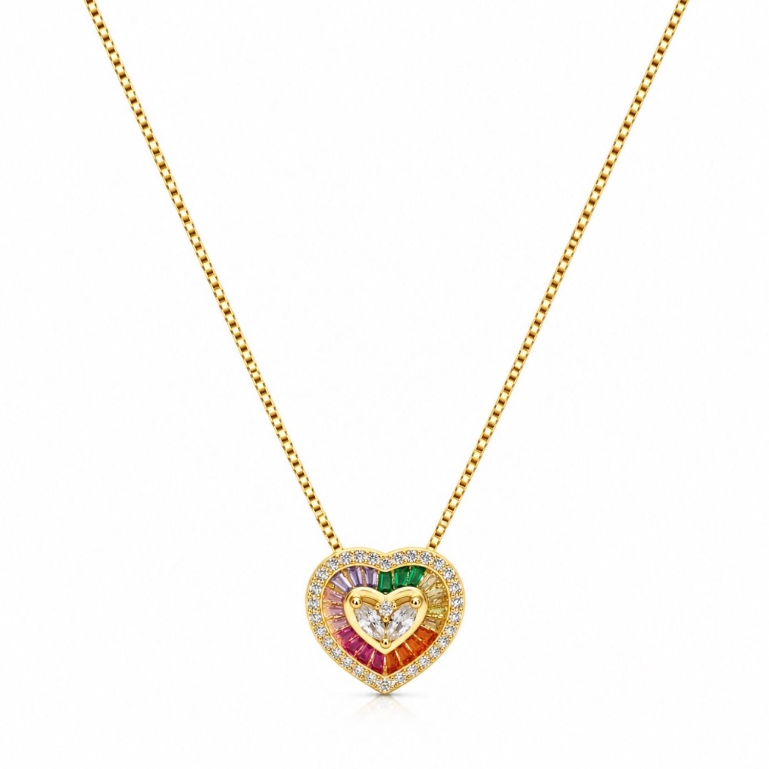 Colar Coração Zircônia Baguette Colorida Banhado a Ouro