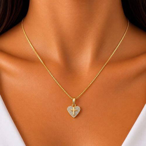 Colar Cora��o Micro Zirc�nia Cristal com Cruz Banhado a Ouro