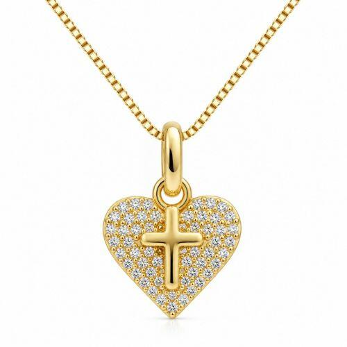 Colar Cora��o Micro Zirc�nia Cristal com Cruz Banhado a Ouro