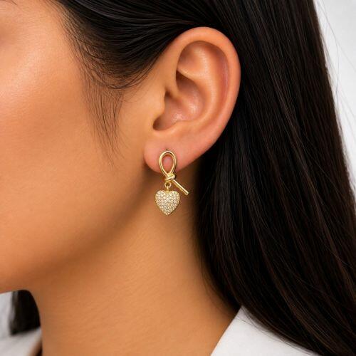 Brinco Laço com Coração Zircônia Cristal Banhado a Ouro