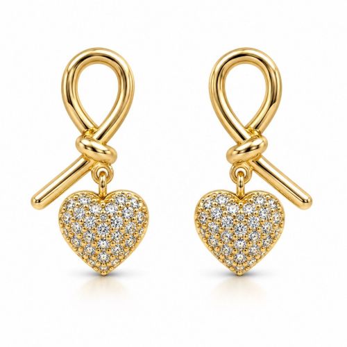 Brinco Laço com Coração Zircônia Cristal Banhado a Ouro