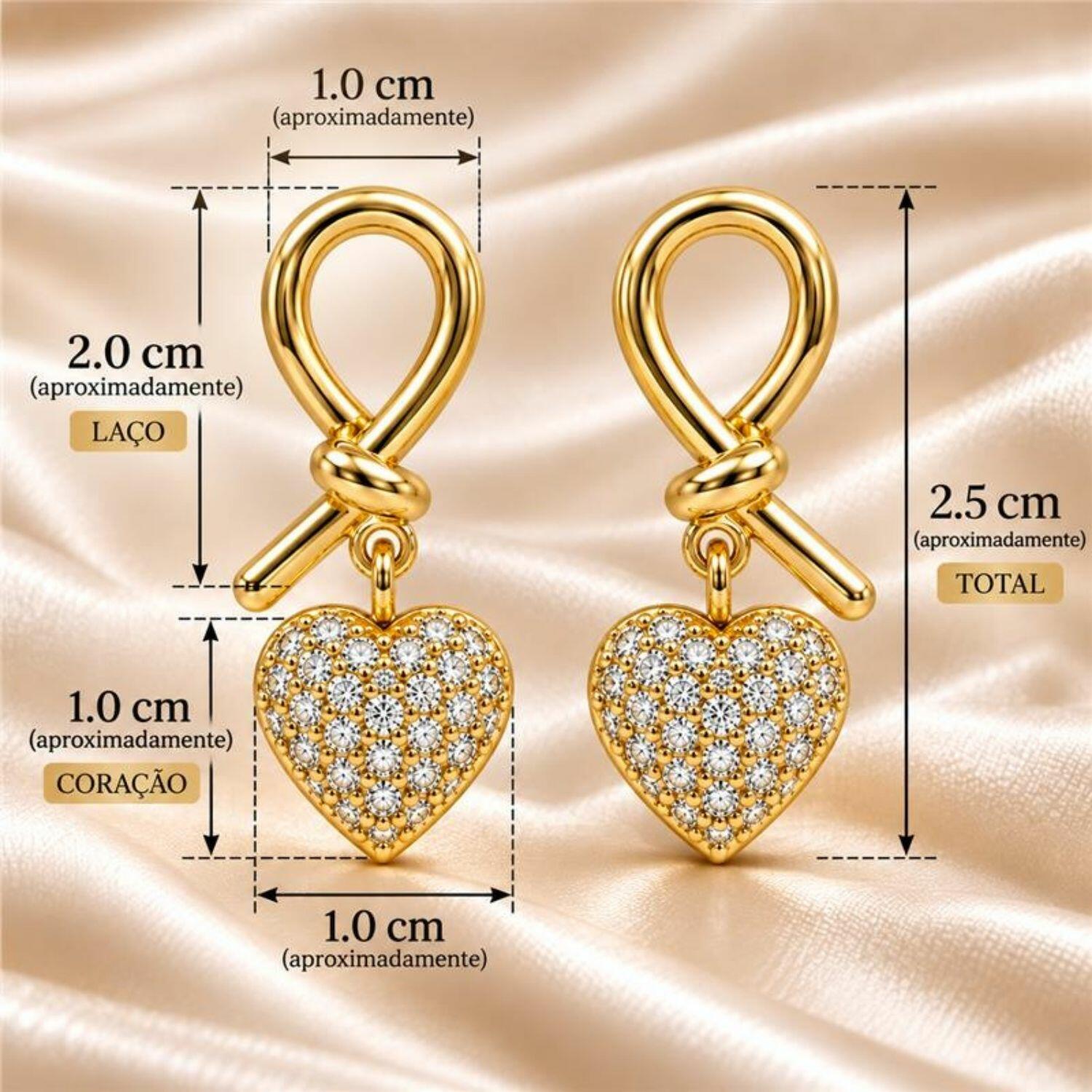 Brinco Laço com Coração Zircônia Cristal Banhado a Ouro
