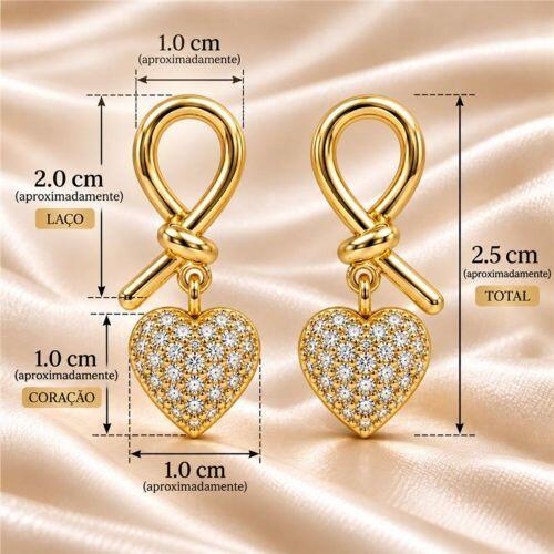 Brinco Laço com Coração Zircônia Cristal Banhado a Ouro
