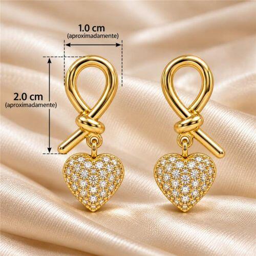 Brinco Laço com Coração Zircônia Cristal Banhado a Ouro