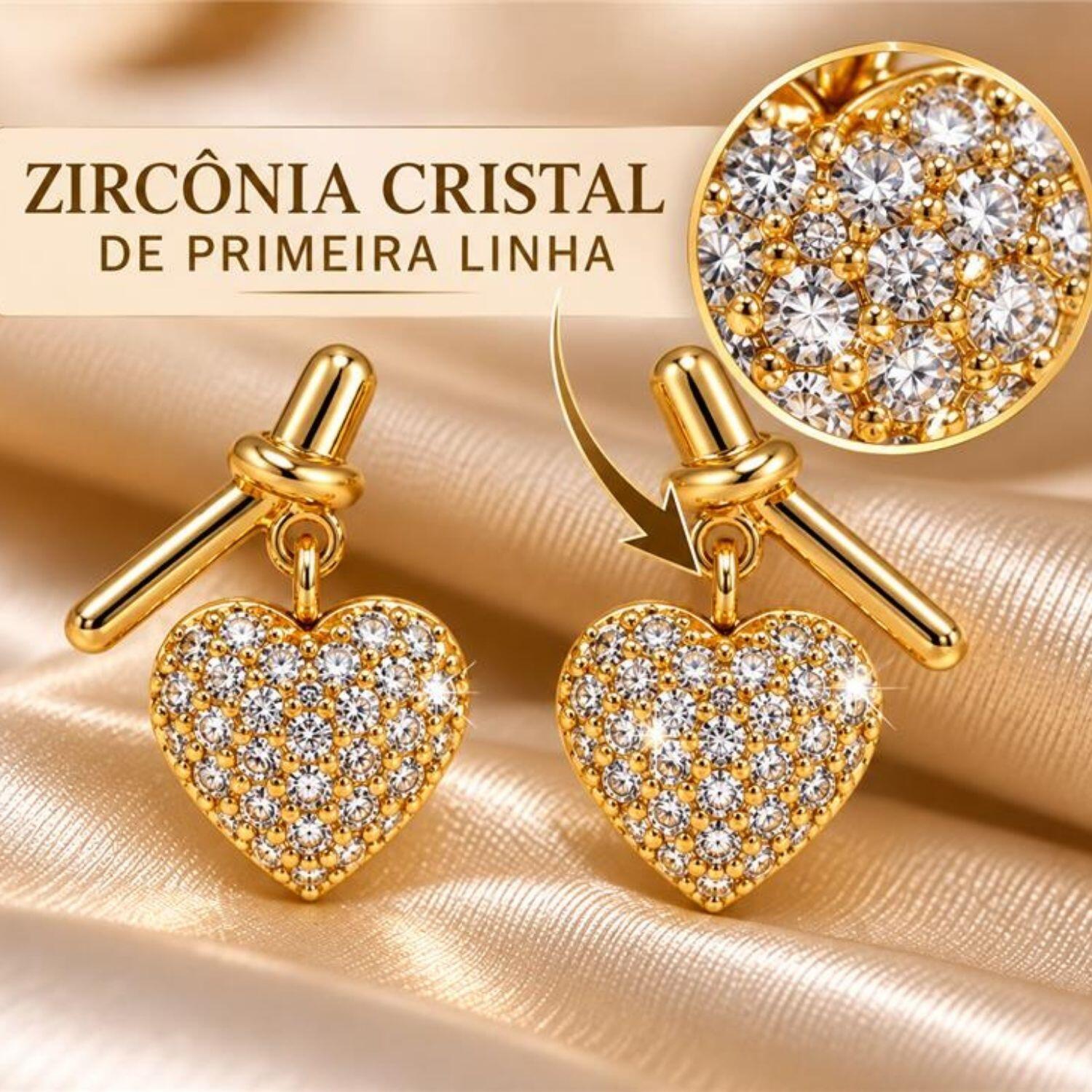 Brinco Laço com Coração Zircônia Cristal Banhado a Ouro