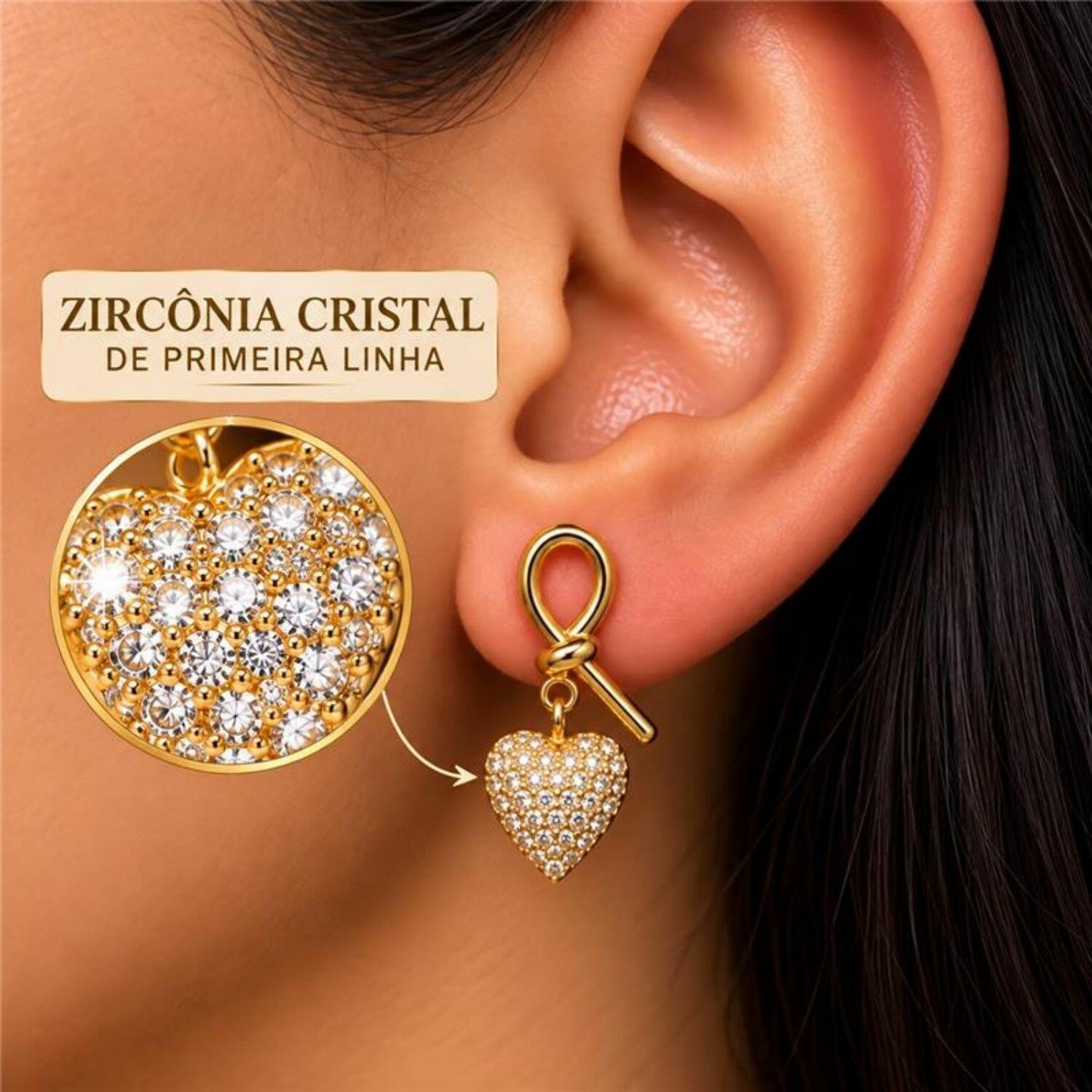 Brinco Laço com Coração Zircônia Cristal Banhado a Ouro