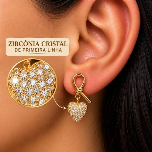 Brinco Laço com Coração Zircônia Cristal Banhado a Ouro