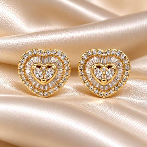 Brinco Cora��o Baguette Zirc�nia Cristal Banhado a Ouro