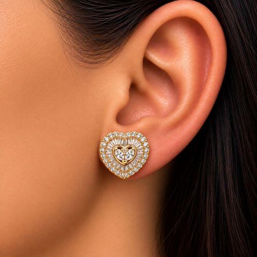 Brinco Cora��o Baguette Zirc�nia Cristal Banhado a Ouro
