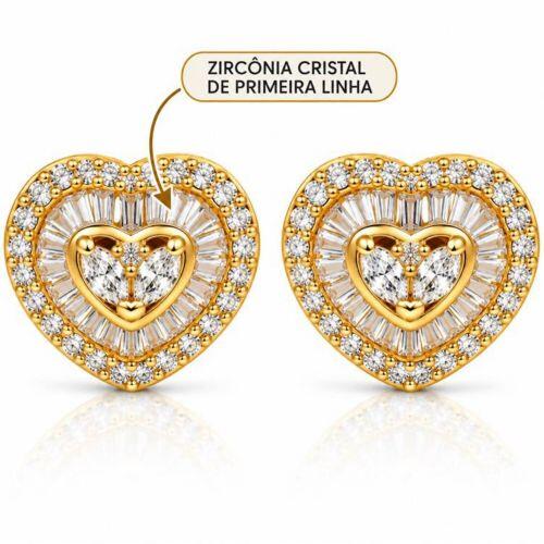 Brinco Cora��o Baguette Zirc�nia Cristal Banhado a Ouro