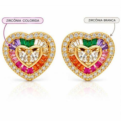 Brinco Coração Baguette Zircônia Colorida Banhado a Ouro