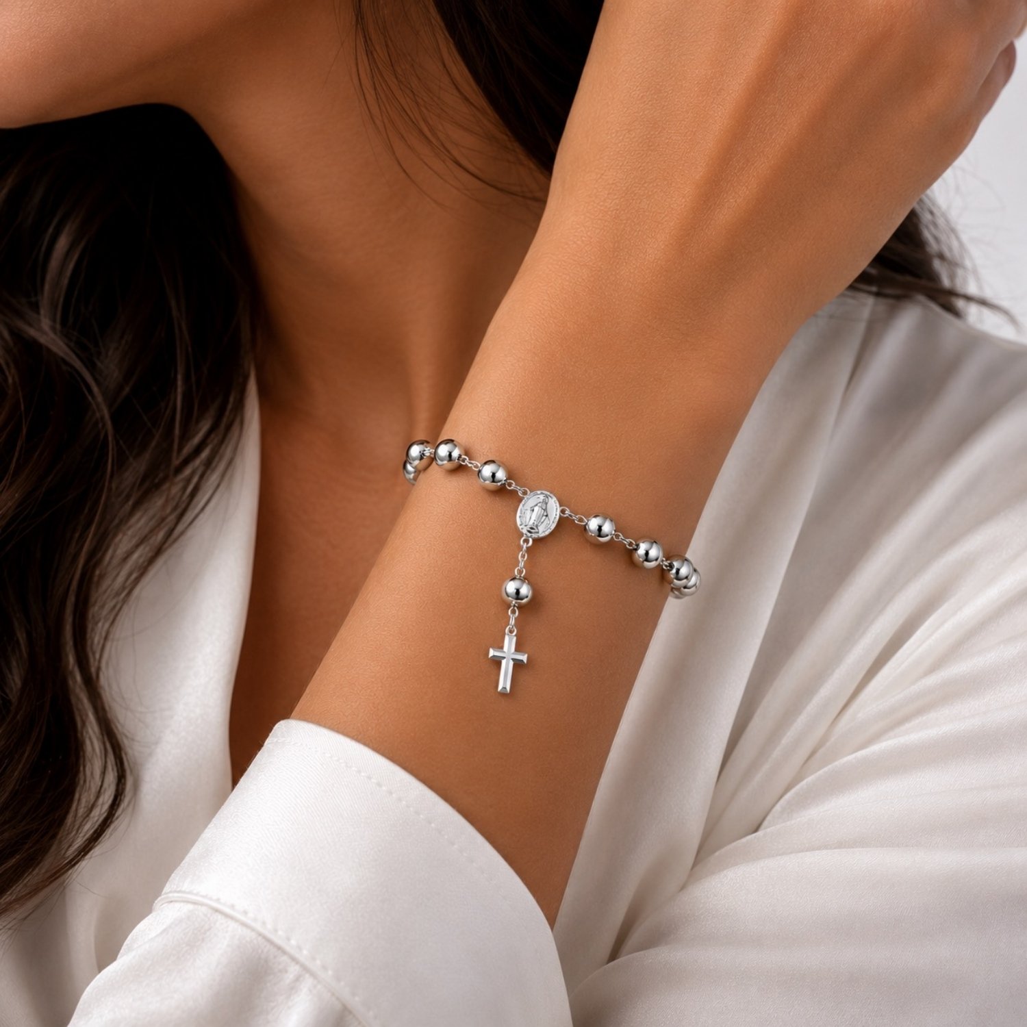 Pulseira Terço Nossa Senhora Milagrosa Banhado a Prata