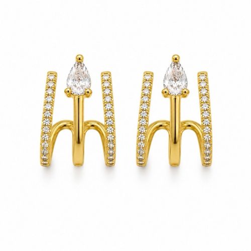 Brinco Ear Cuff 3 Fios com Gota Zircônia Cristal Banhado a Ouro
