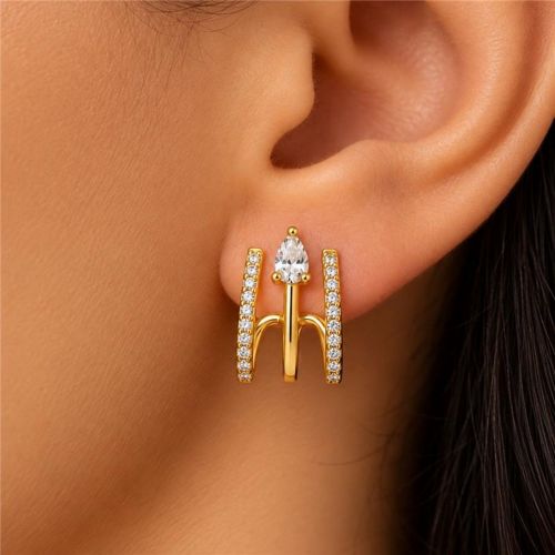 Brinco Ear Cuff 3 Fios com Gota Zircônia Cristal Banhado a Ouro