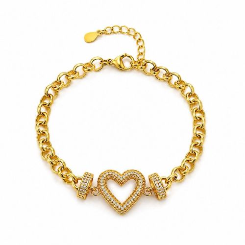 Pulseira Elo Português com Coração Vazado Zircônia Cristal Banhado a Ouro