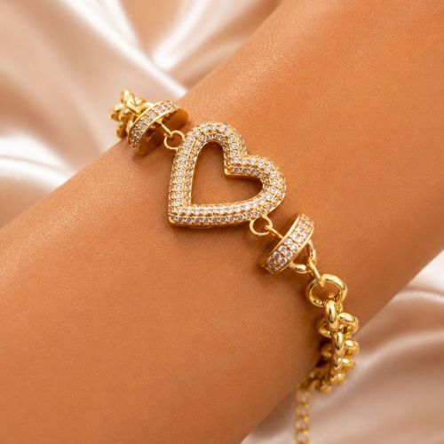 Pulseira Elo Português com Coração Vazado Zircônia Cristal Banhado a Ouro