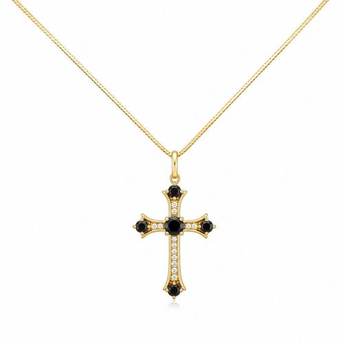 Colar Cruz Zirc�nia Negra e Cristal Banhado a Ouro