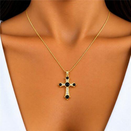 Colar Cruz Zircônia Negra e Cristal Banhado a Ouro