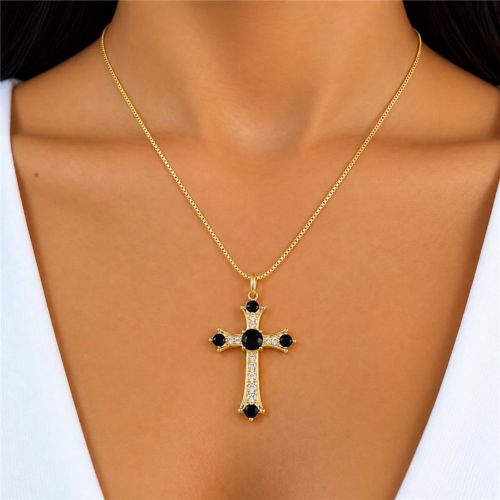 Colar Cruz Zirc�nia Negra e Cristal Banhado a Ouro