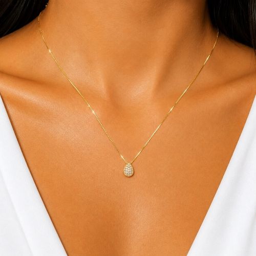 Colar Gota Abaulada Micro Zircônia Cristal Banhado a Ouro