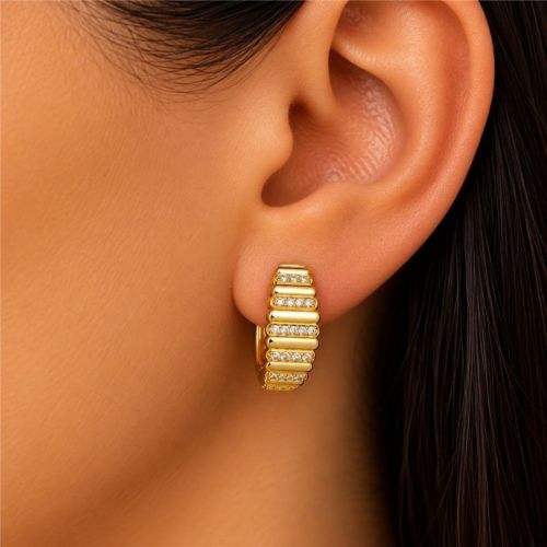 Brinco Argola Frisos e Micro Zirc�nia Cristal Banhado a Ouro