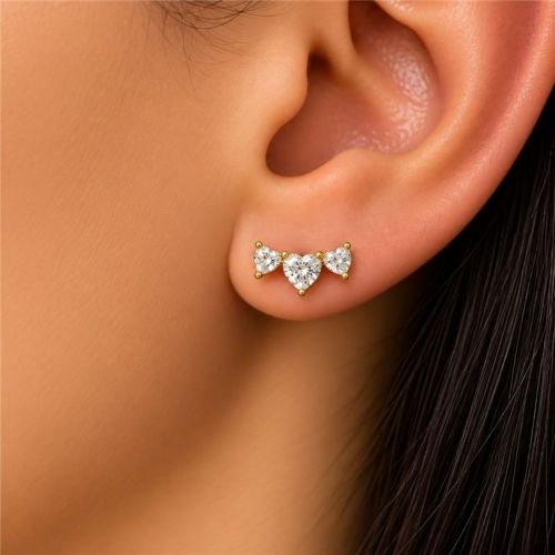 Brinco 3 Cora��es Zirc�nia Cristal Banhado a Ouro