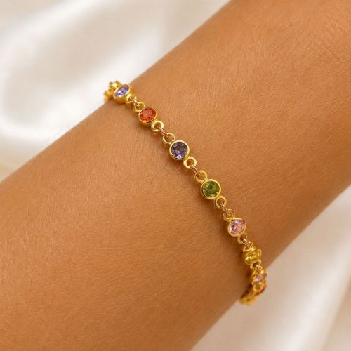 Pulseira Zircônia Redonda Colorida Banhado a Ouro