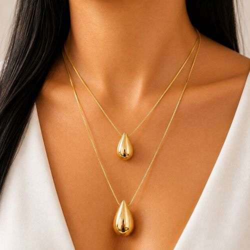 Colar Duplo com 2 Gotas Lisa Banhado a Ouro