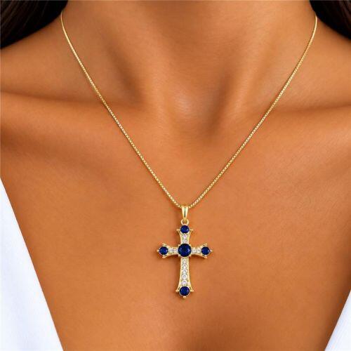 Colar Cruz Zircônia Azul e Cristal Banhado a Ouro