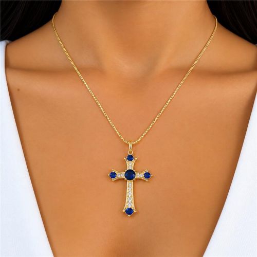 Colar Cruz Zirc�nia Azul e Cristal Banhado a Ouro