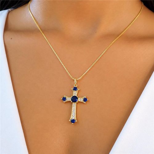 Colar Cruz Zirc�nia Azul e Cristal Banhado a Ouro