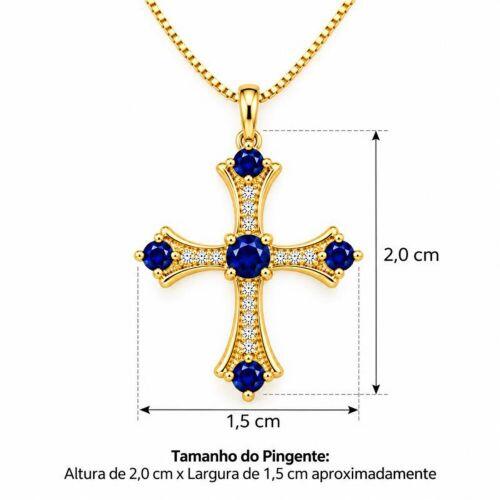 Colar Cruz Zircônia Azul e Cristal Banhado a Ouro