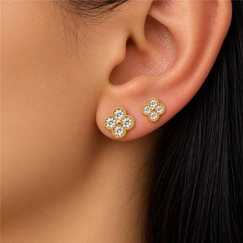 Brinco Duplo Flor 4 P�talas Zirc�nia Cristal Banhado a Ouro