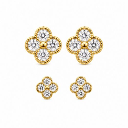 Brinco Duplo Flor 4 P�talas Zirc�nia Cristal Banhado a Ouro