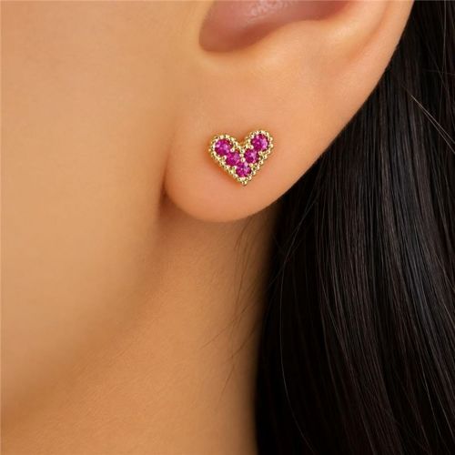 Brinco Cora��o Zirc�nia Rosa Pink Banhado a Ouro