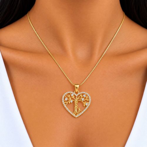 Colar Coração Árvore da Vida Zircônia Cristal Banhado a Ouro