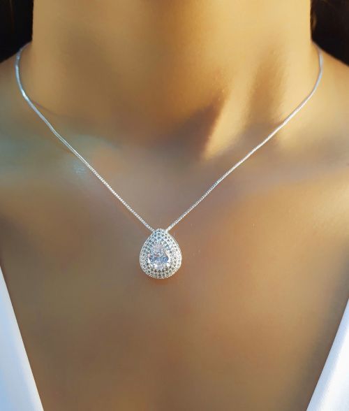 Colar Gota Abaulada Zirc�nia Cristal Banhado a Prata