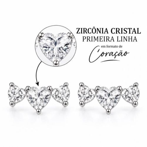 Brinco 3 Corações Zircônia Cristal Banhado a Prata