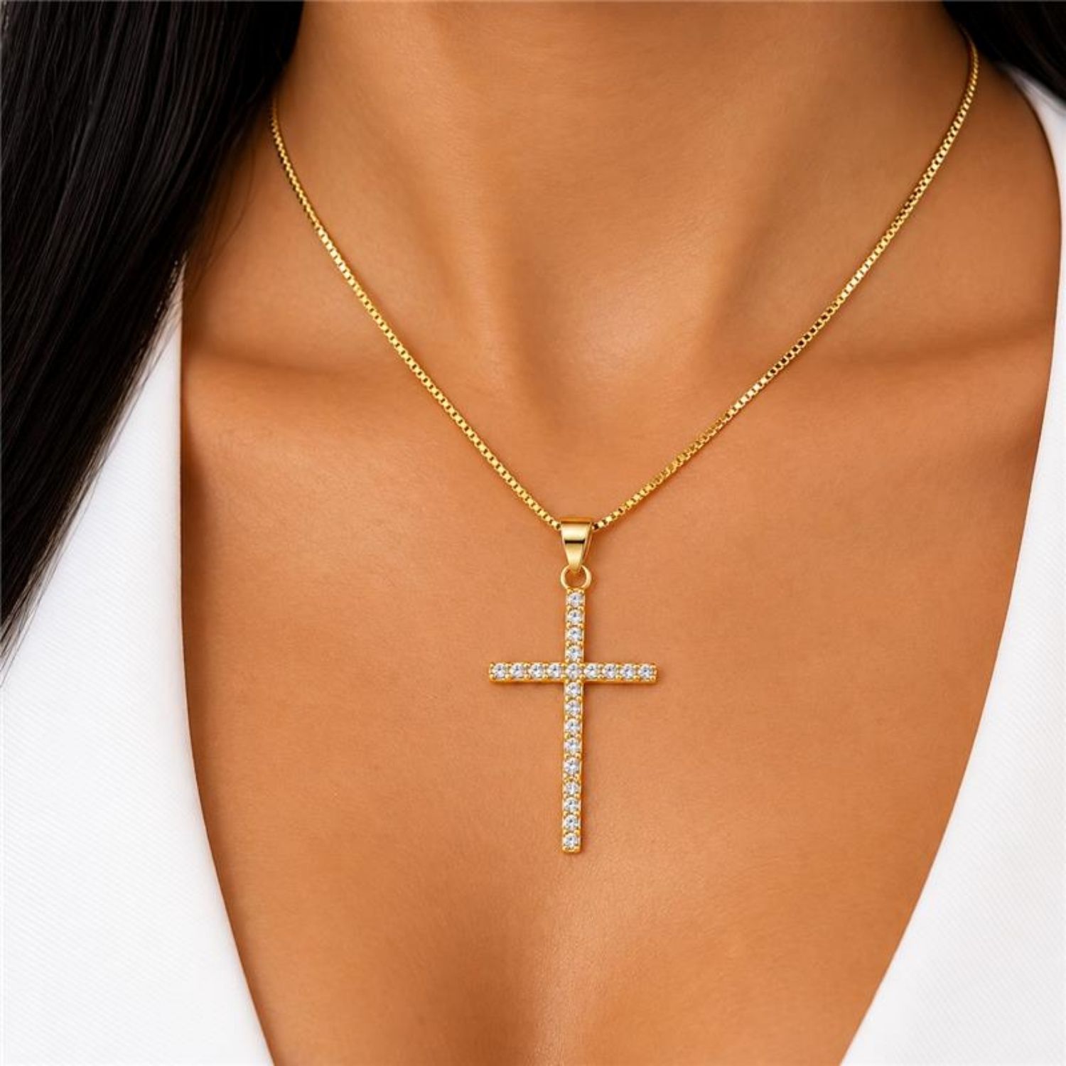 Colar Cruz 4.0 cm Micro Zircônia Cristal Banhado a Ouro