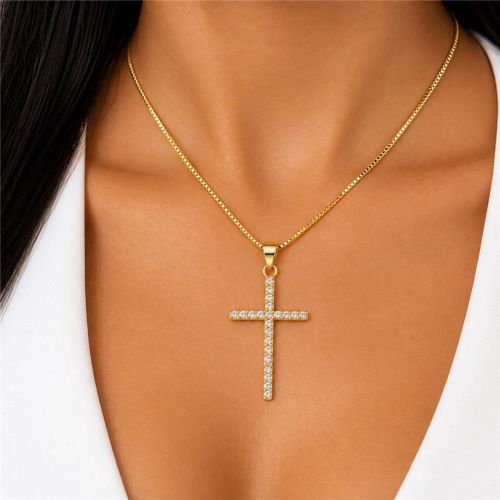 Colar Cruz 4.0 cm Micro Zircônia Cristal Banhado a Ouro