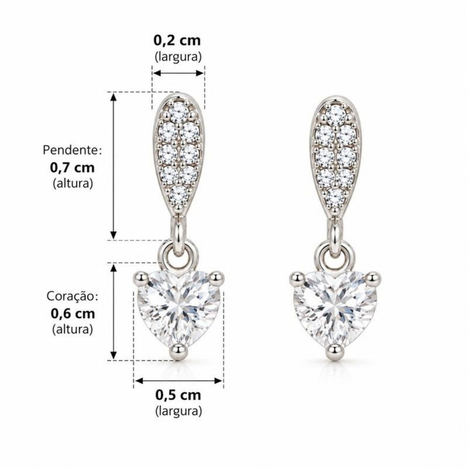 Brinco Pendente Coração Zircônia Cristal Banhado a Prata