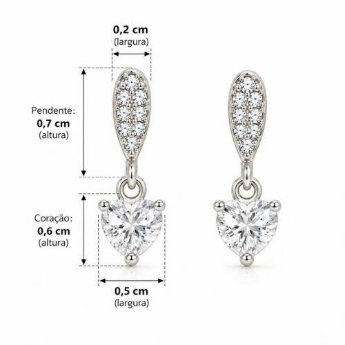 Brinco Pendente Coração Zircônia Cristal Banhado a Prata